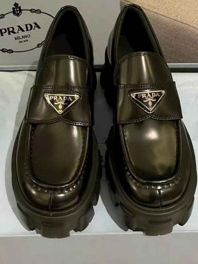 Prada Black Leather Triangle Logo Chunky Lug Sole Platform Penny Loafers
